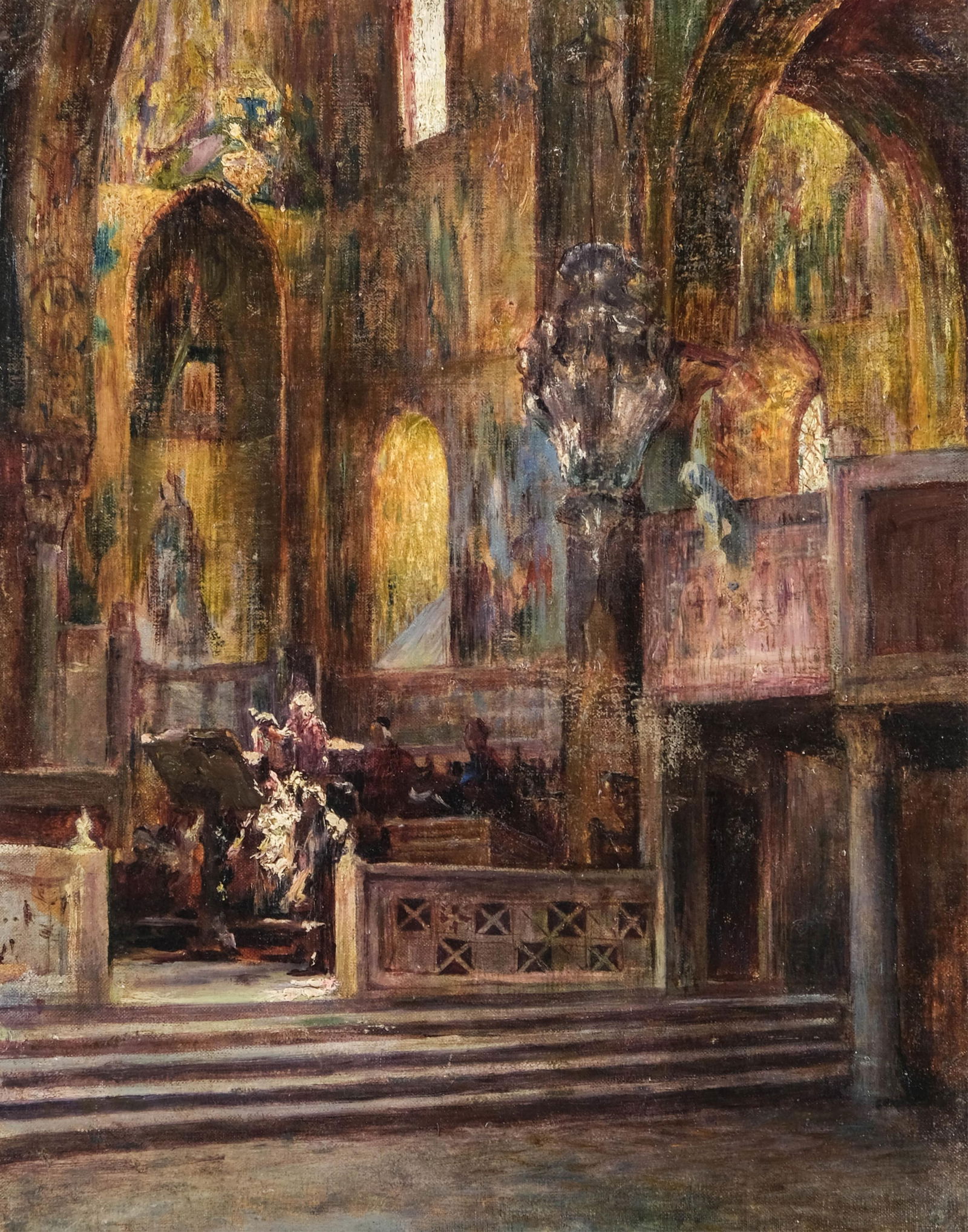 Henri Le Riche Oil Painting, “The Palatine Chapel, Palermo," Circa 1900: Keywords: 19th century European art, French painter, architectural interior, ecclesiastical painting, Sicilian chapel, historic Palermo, cathedral interior Henri Le Riche (1868–1944), The Palatine