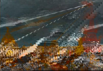 Paris Exposition Universelle, J. Fichtenberg's period Color lithograph 1889 lighting Eiffel tower