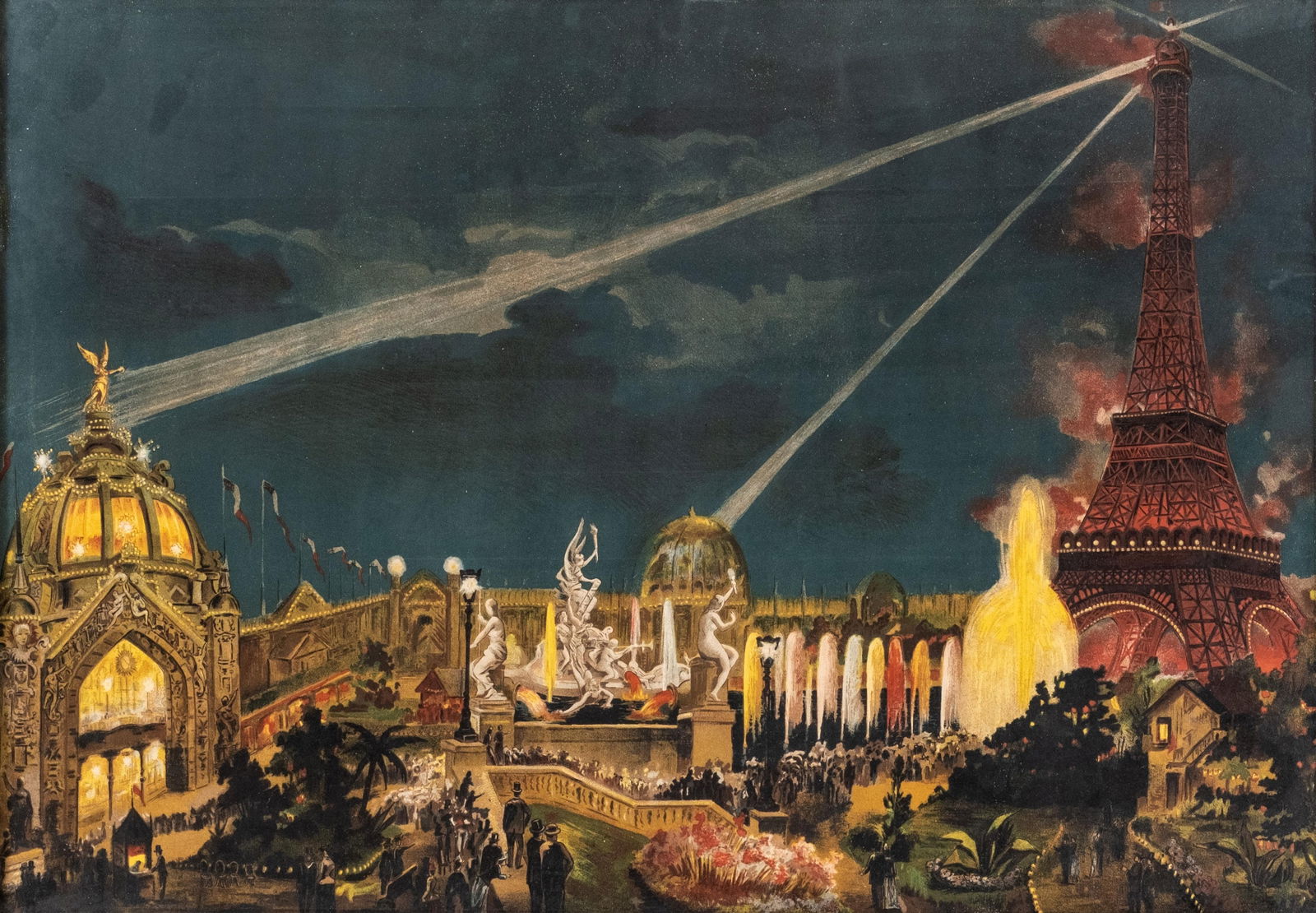 Paris Exposition Universelle, J. Fichtenberg's period Color lithograph 1889 lighting Eiffel tower: Keywords: Eiffel Tower, Universal Exhibition, Exposition Universelle, Belle Époque, nighttime cityscape, architectural landmark, illuminated fountains, searchlights, fairground, French poster art,