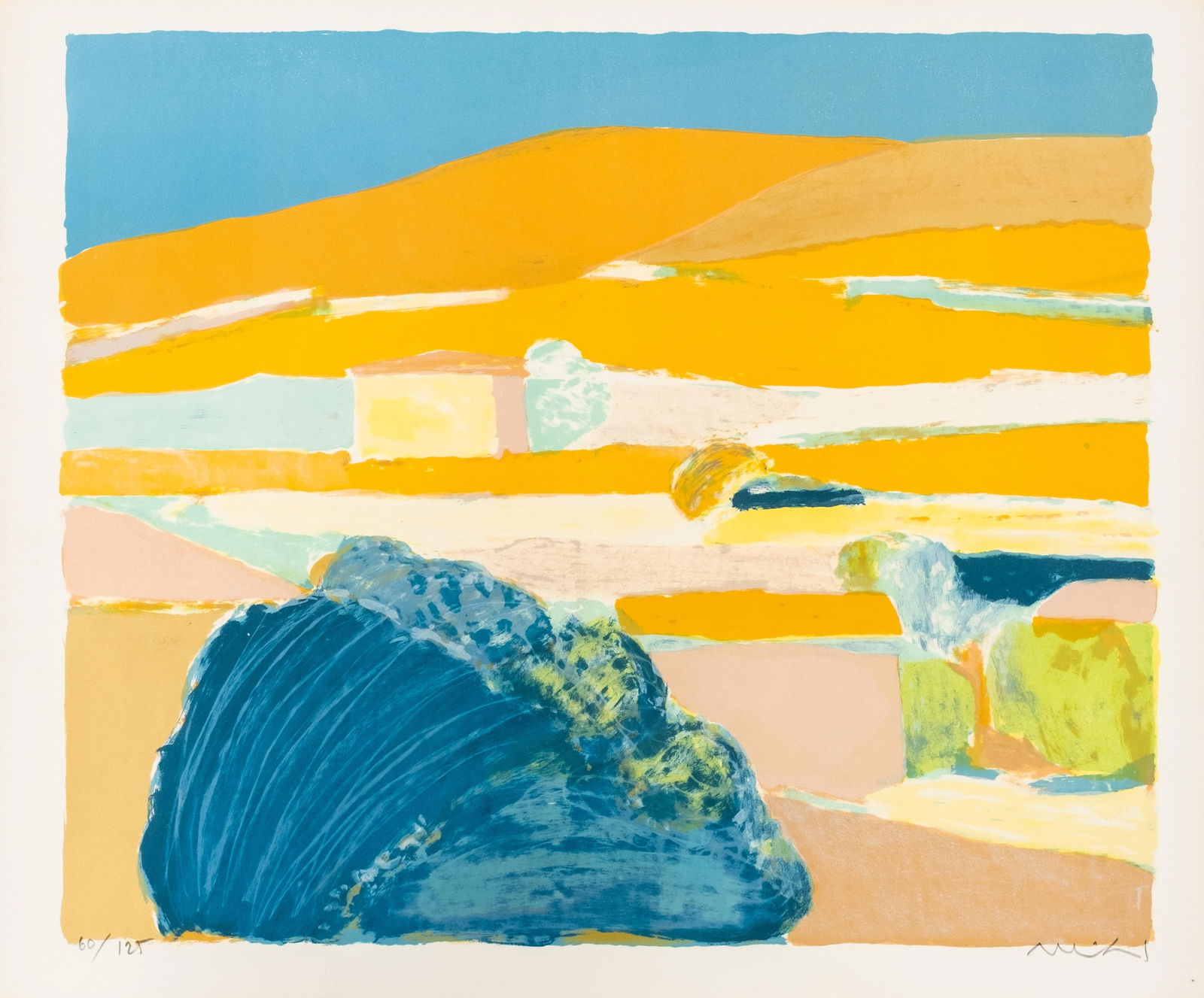 Roger Muhl Limited Edition Pencil Signed Color Lithograph, Numbered 60/125: Keywords: French modern art, post-war abstraction, color lithograph, limited edition print, Provence landscape, abstract landscape, mid century modern, European printmaking, signed print,