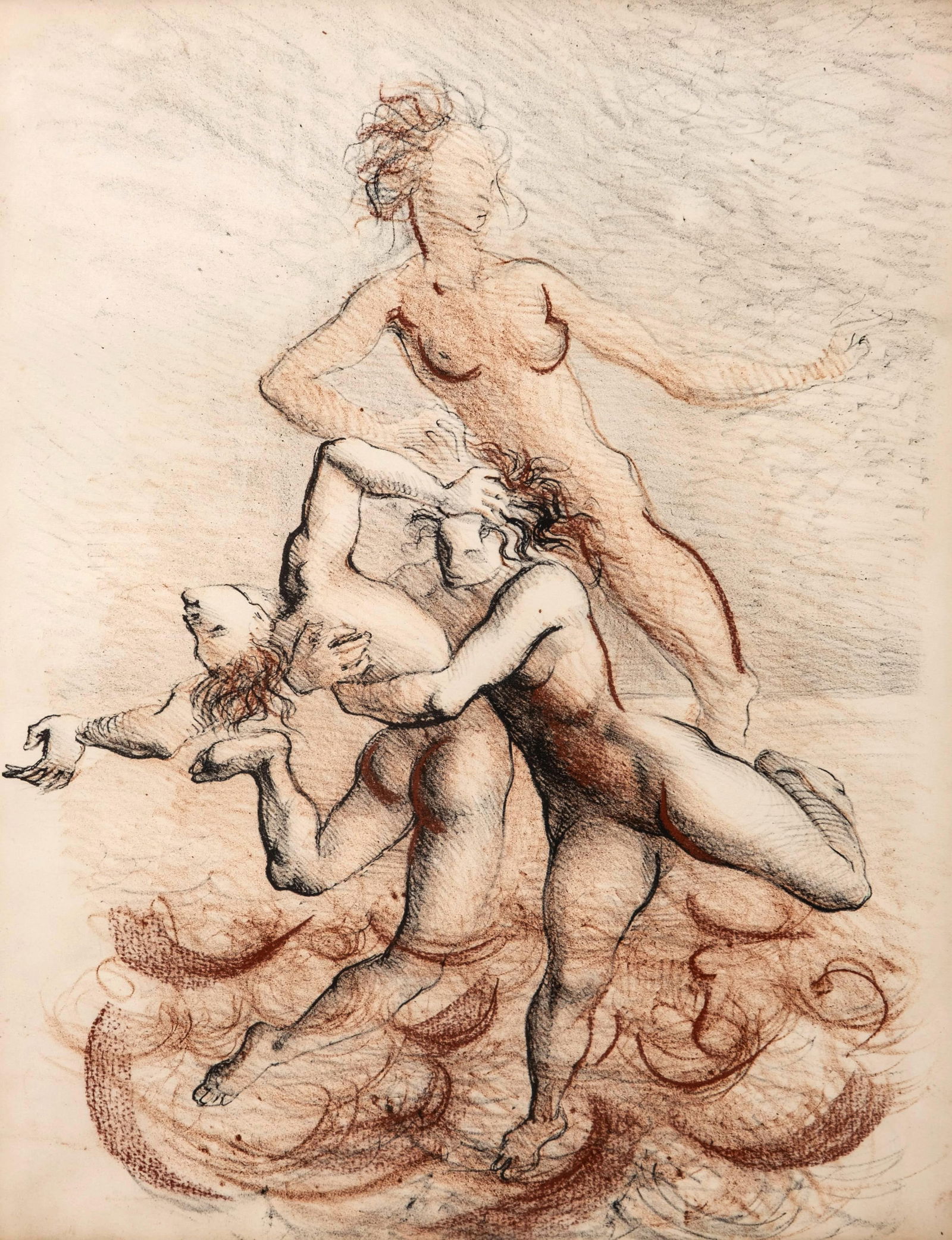 Marcello Tomassi: Two-tone Charcoal/Pastel Enhanced Lithograph, Circa 1970's: Keywords: modernism, abstract forms, muted earth tones, surrealism, fine pen work, figurative composition, mythological inspiration, avant-garde techniques, layered narrative Marcello Tomassi, Circa