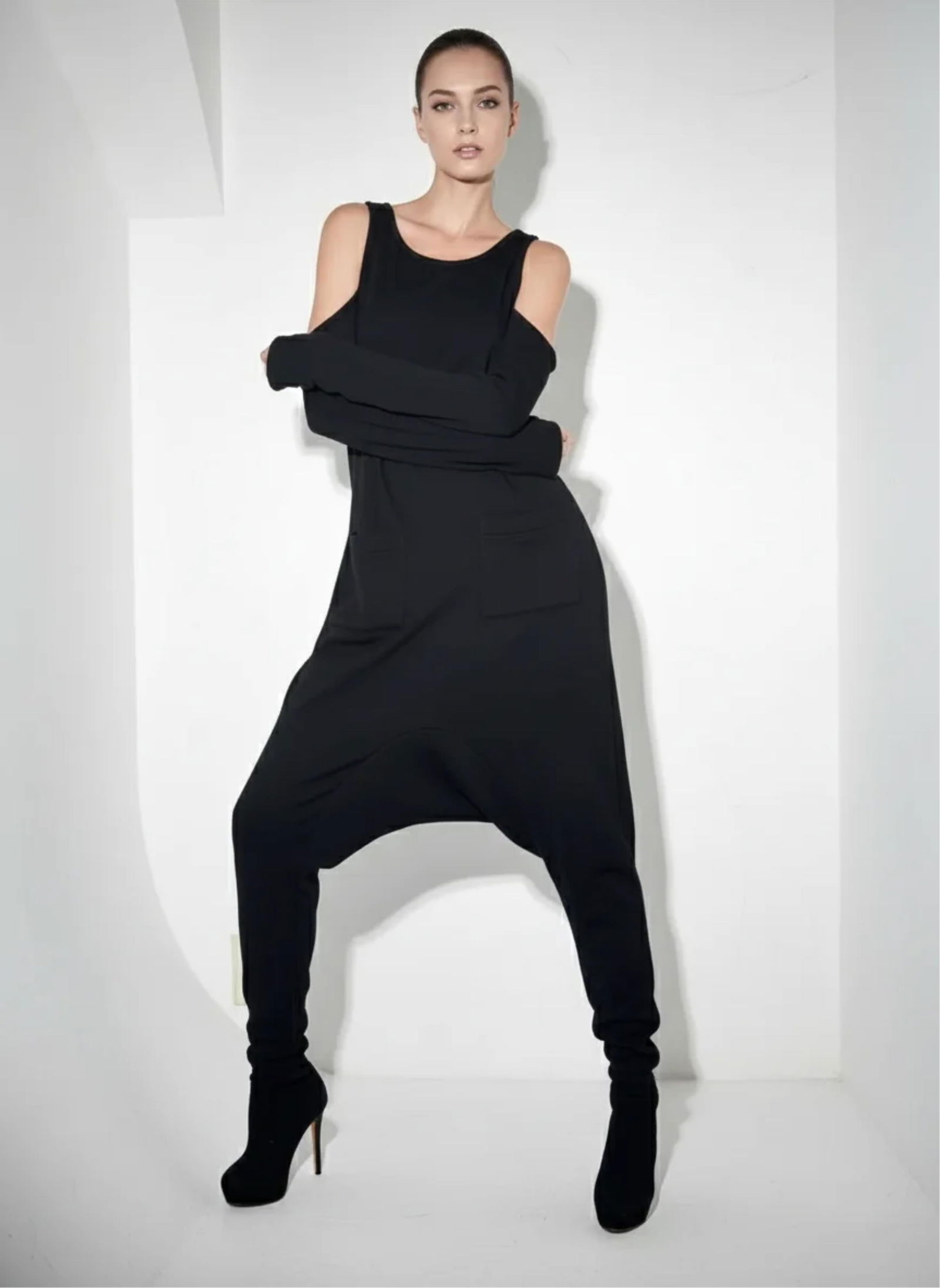 Yohji Yamamoto, Black Cotton Jumpsuit with Cold Shoulders, Size M US (1 of 6)