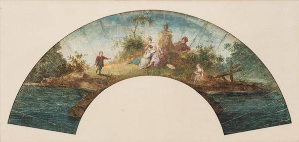 French School 19th Century Rococo Pastoral Fan Shaped Painting