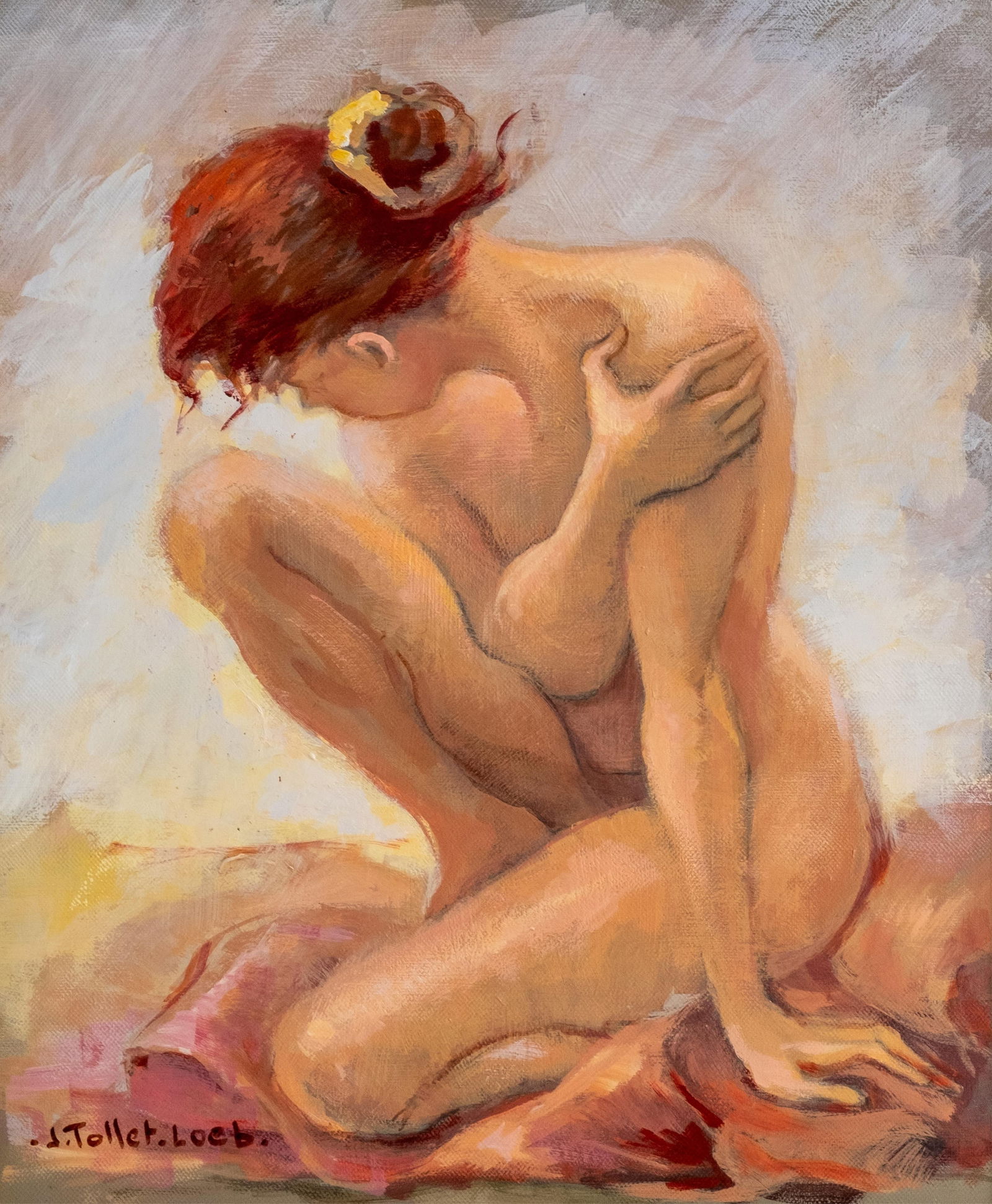 Jacqueline Tollet-Loeb Signed French Nude Study Oil Painting: Keywords: figurative art, red-hair, seated woman, modern European artist, 20th-century artwork, oil on canvas, intimate figure subject, collectible wall decor, wall artNO RESERVE Jacqueline Tollet-Loe