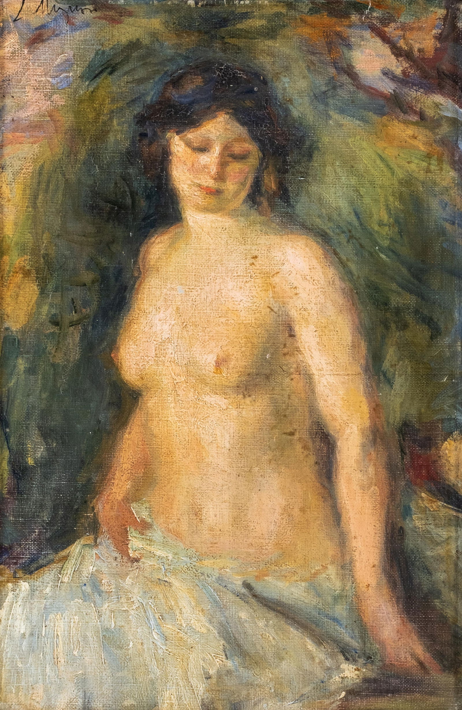 Lucien Mignon Signed Female Nude Oil on Canvas Mounted on Panel Painting: Keywords: French art, female nude, figurative painting, impressionist influence, academic nude, painterly brushwork, early twentieth century, European modernism, intimate portrait, tonal realismLucien