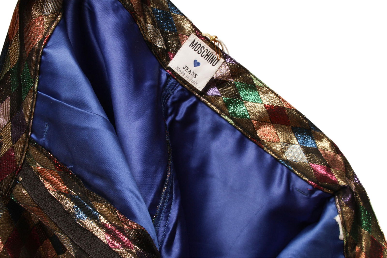 Moschino by Jeremy Scott, Circus SS20 Inspired, Metallic Multi-color Diamond Pattern Harlequin: Keywords: Early 21st Century Fashion, Contemporary Italian Design, Runway-Inspired Styling, Avant-Garde Aesthetic, Geometric Pattern Design, Theatrical Costume Influence, Editorial Fashion Piece, Coll