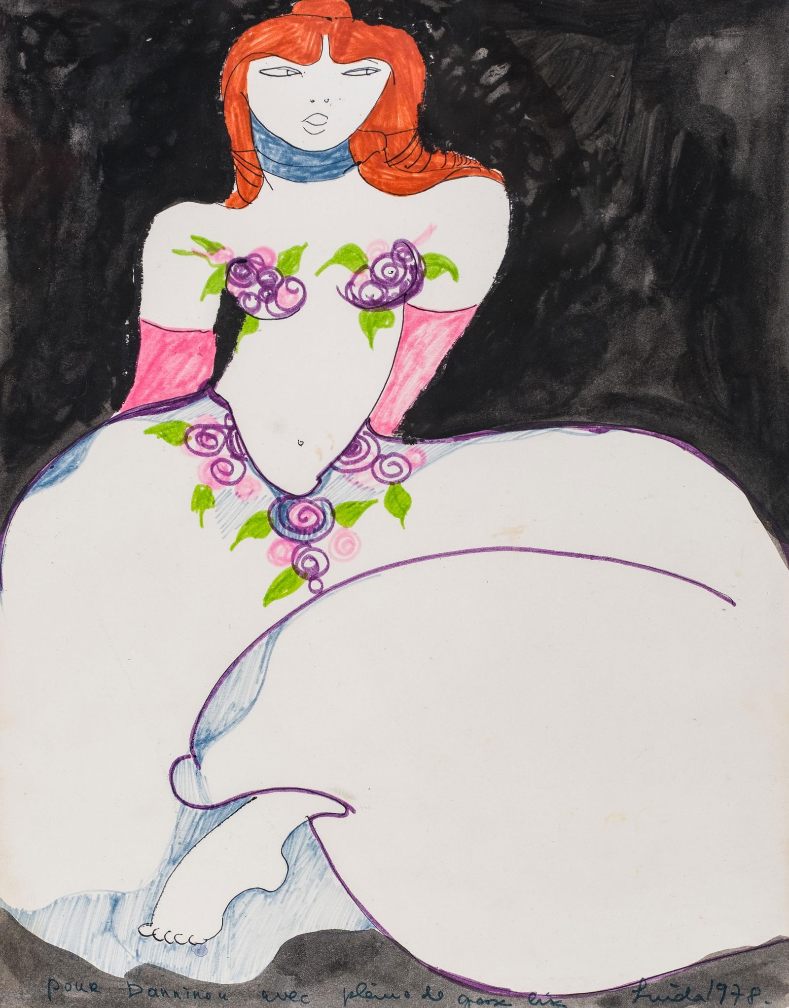 Signed Linda Le Kniff, Seated Woman, Watercolor and Pen Painting, 1974: Keywords: mixed media, watercolor, felt-tip pen, Modernist movement, Contemporary figurative art, Surrealist influence, Abstract expressionist drawing, Pop Art tradition, Postwar European art, Gustav