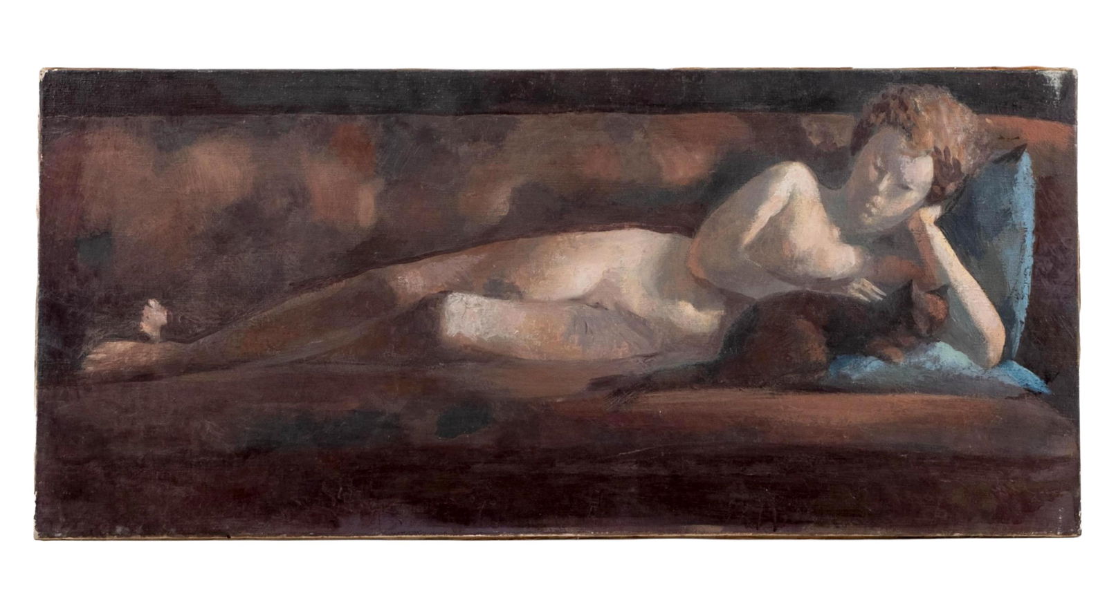 Bernadette Kelly Signed Oil Painting, Nude Lying on the Elbow: Keywords: Modernist movement, Postwar figurative art, Expressionist influence, Abstract realism, Contemporary nude painting, School of Paris style, Amedeo Modigliani style, Pablo Picasso style, Edgar