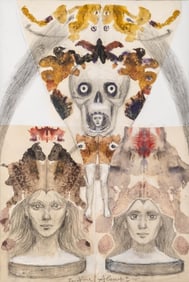 Signed Jean-Pierre Alaux Surrealist Mixed Media Collage, “Two Faces and a Skull" Painting