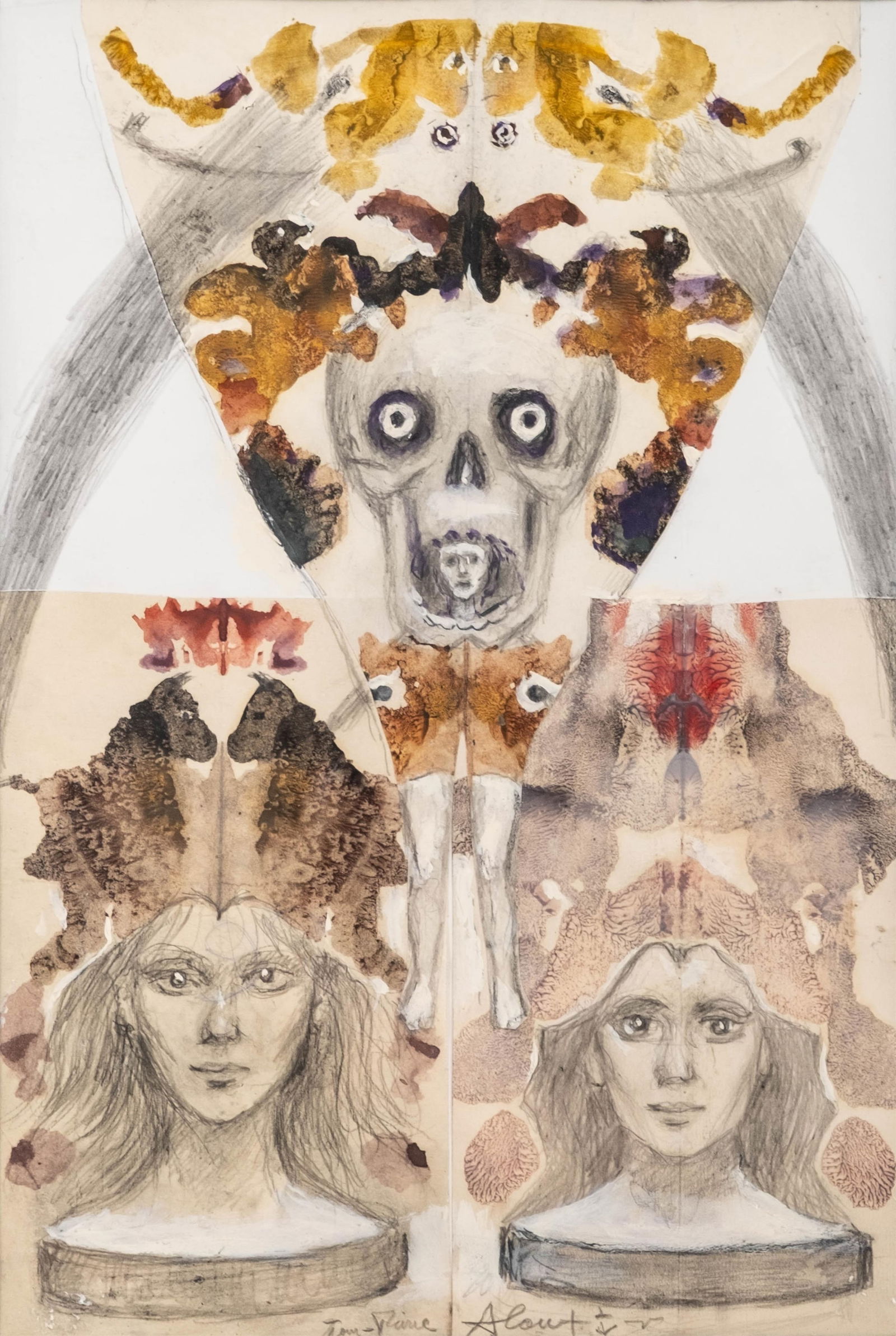 Signed Jean-Pierre Alaux Surrealist Mixed Media Collage, “Two Faces and a Skull" Painting (1 of 10)