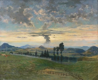 Gustave Poetzsch Oil Painting “The Volcanoes of Haute-Loire," Studio Stamp, Circa 1900