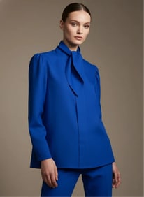 Guy Laroche, Designer Women's Electric Blue Pussy Bow Tie Blouse with Pleated Shoulders