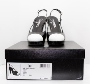 Chanel, Designer Couture Black Patent Leather with White Cap Toe Slingback Heels, 2008, Size 36.5,