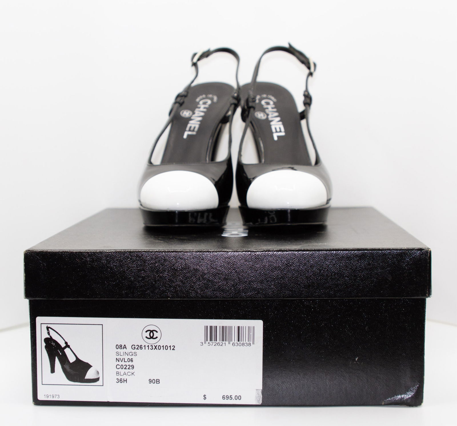 Chanel, Designer Couture Black Patent Leather with White Cap Toe Slingback Heels, 2008, Size 36.5, (1 of 9)