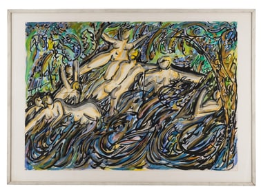 Alain Pouillet ‘The Bathers’, 1986, Signed Gouache and Watercolor Painting