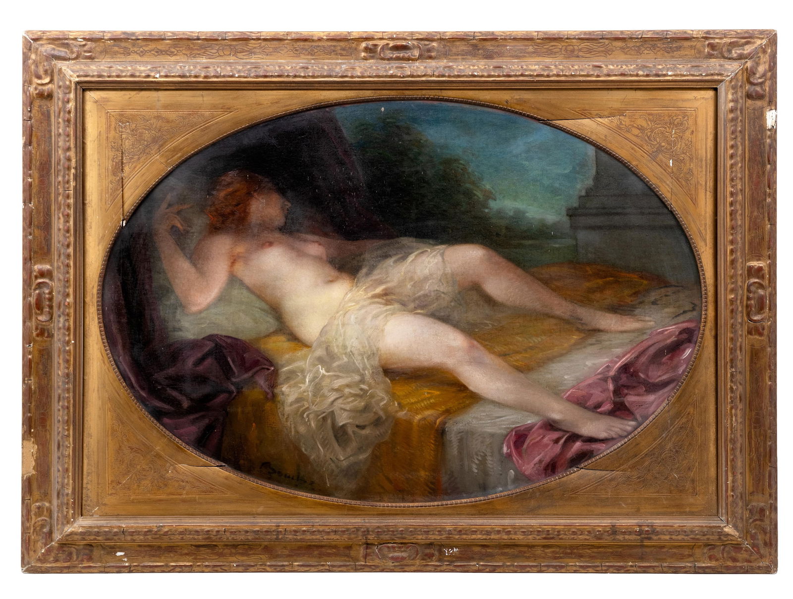 French School, Signed Oil Painting, Reclining Woman in Landscape, 19th Century: Keywords: Female Nude Painting, Figurative Classical Painting, Rococo Revival, Neoclassical, Romanticism, Belle Époque, French Academic, Baroque Revival, Jean-Honoré Fragonard style, François Bouch