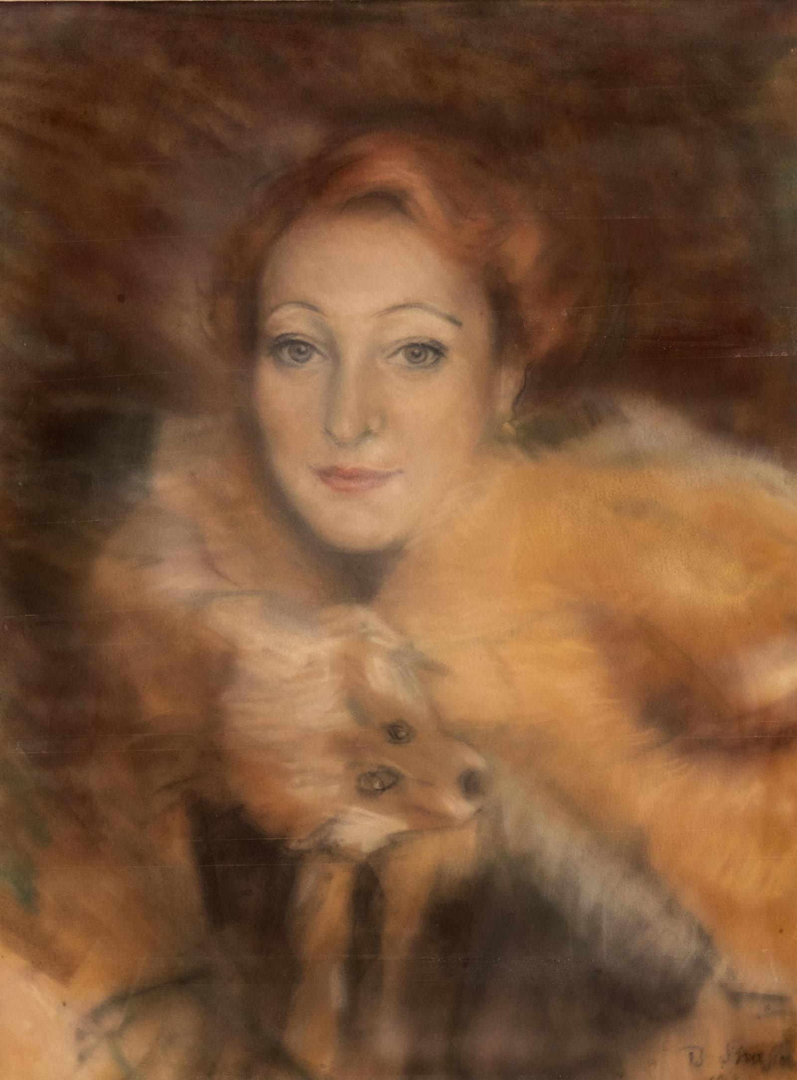 20th Century School Portrait Painting of a Woman With a Fox Fur Wrap, Pastel on Paper: Keywords: female portrait, fashion study, fur stole, elegance, Belle Époque influence, early modern portraiture, European school, pastel drawing, society portrait, soft-focus techniqueNO RESERVE. 20t