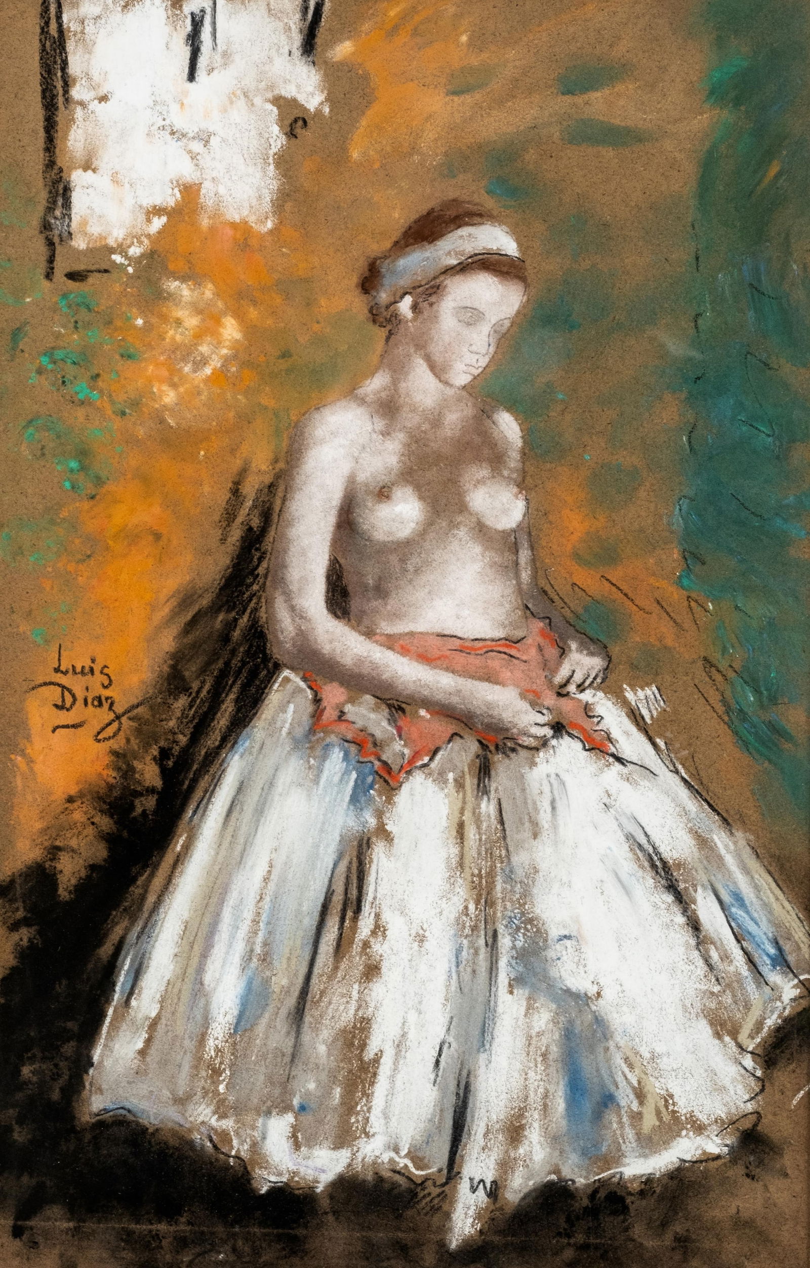 Luis Diaz Signed, Modern School Woman in Petticoat Pastel Painting: Keywords: modern school, figurative work, seated female figure, semi nude figure, white petticoat, voluminous skirt, soft contour drawing, pastel on paper, studio interior, Latin American style, frame