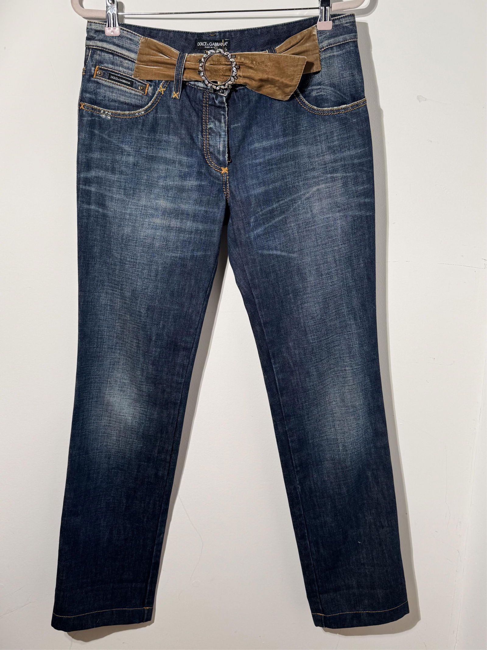Dolce Gabbana Jeans with Velvet and Rhinestone, Belt Waist 32", Inseam 33", Length 42": Keywords: Designer Brand Auctions, Luxury Clothing Sale, High-End Fashion Auctions, Exclusive Designer Apparel, Vintage Designer Clothing, Rare Fashion Auction, Pre-Owned Luxury Fashion, Designer, Han