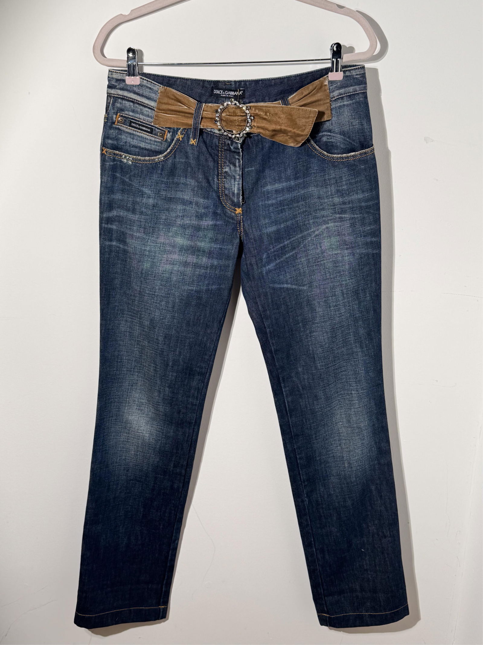 Dolce Gabbana Jeans with Velvet and Rhinestone, Belt Waist 32", Inseam 33", Length 42" - 3