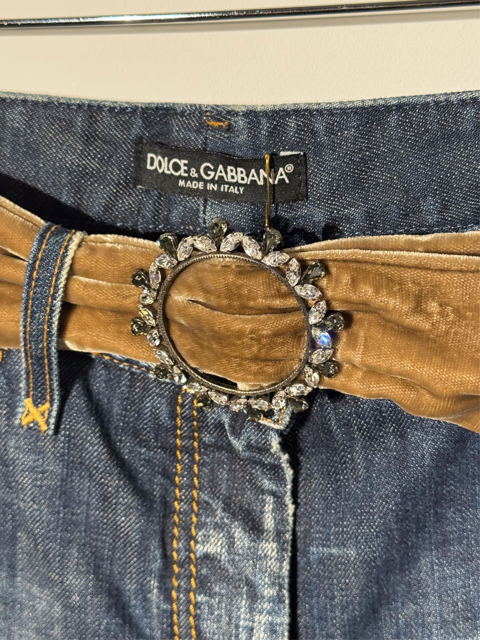 Dolce Gabbana Jeans with Velvet and Rhinestone, Belt Waist 32", Inseam 33", Length 42" - 4