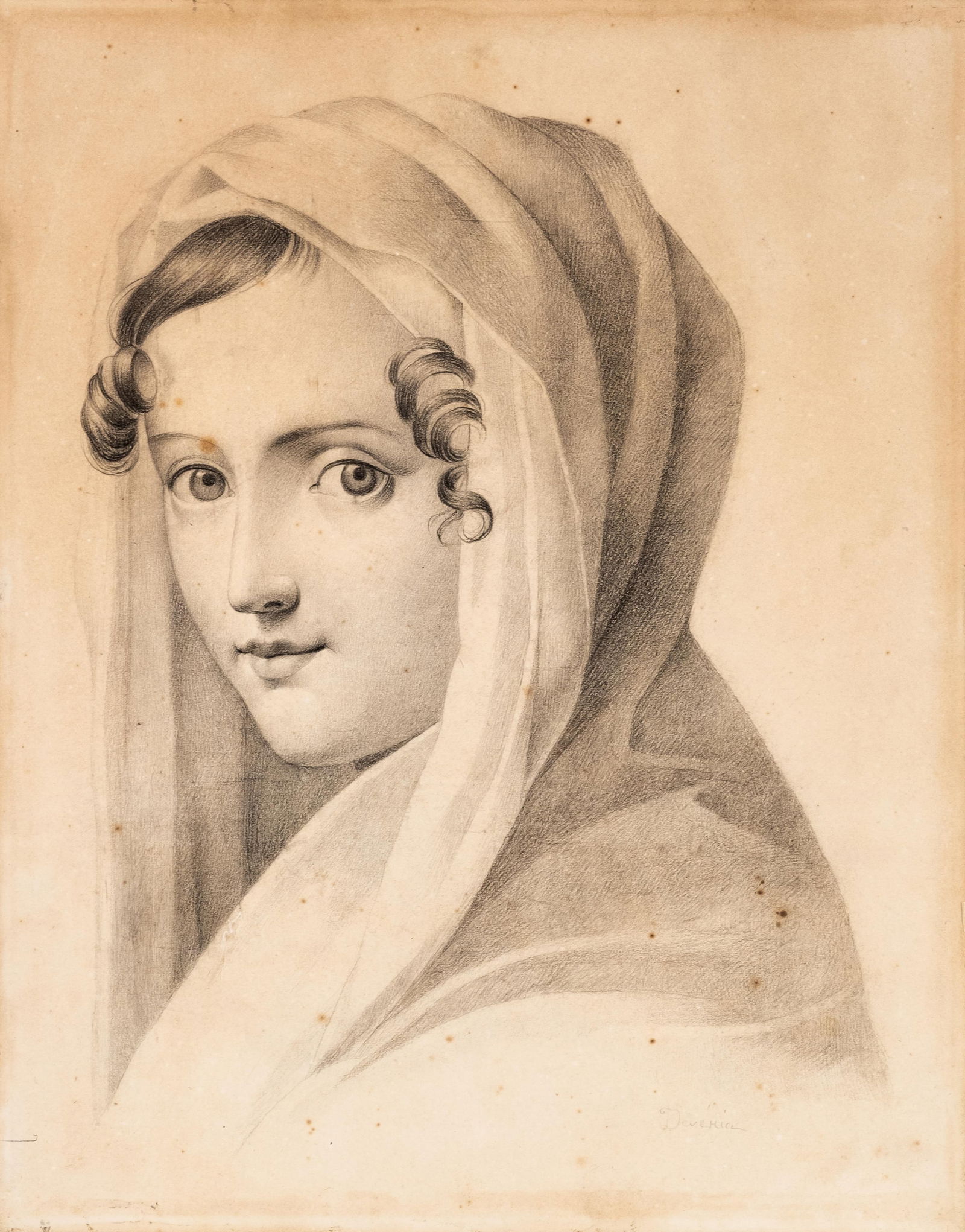Eugène François Marie Joseph Deveria 19th Century French Pencil Drawing, Bust Portrait of a Young: Keywords: French academic drawing, 19th century portrait, neoclassical draftsmanship, romantic era art, female portrait study, graphite drawing, academic realism, French school drawing, period