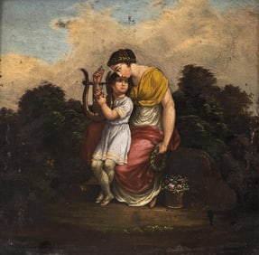 Classic mythological 17th-18th Century Oil On Copper Painting, Woman And Child With Lyre