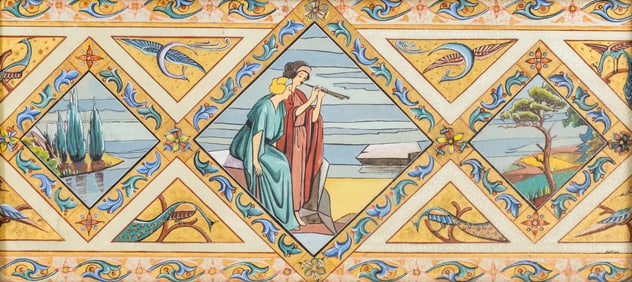 Bethléem French Art Deco Gouache & Gilt Decorative Frieze Painting, Signed, c. 1920s–1930s