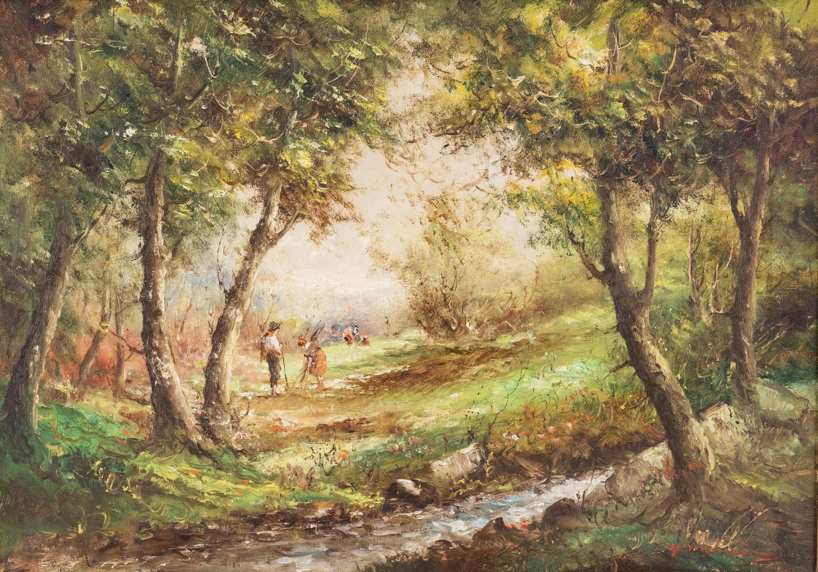 Signed Late 19th Century Woodland Landscape Painting: Keywords: European landscape, wooded path, forest scene, pastoral figures, countryside view, Barbizon influence, Impressionist influence, rural scenery, oil on canvas, gilt frame NO RESERVE Late