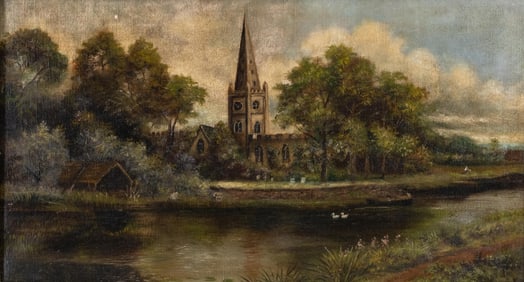 English Late 19th Century Landscape Painting With Church and River
