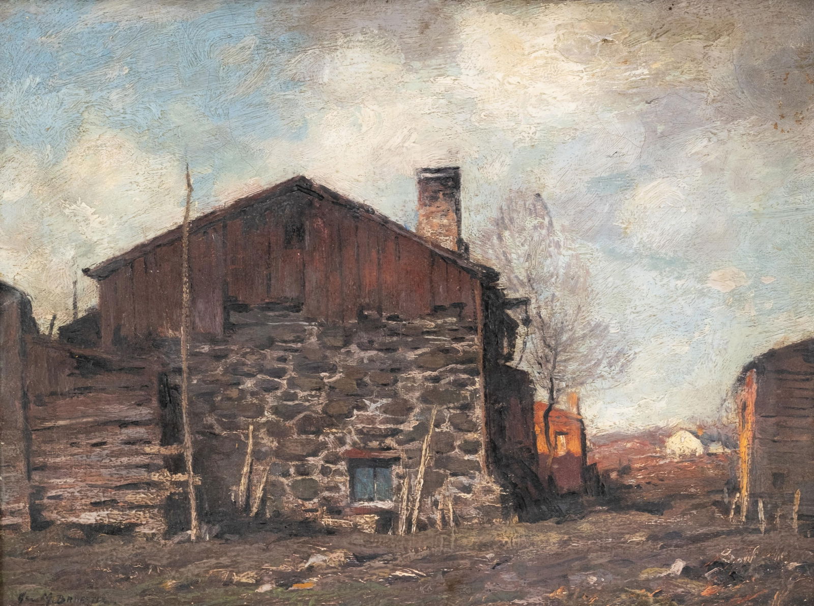 George Matthew Bruestle Signed American Rural Landscape Painting, Long Island: Keywords: American landscape, rural architecture, stone farmhouse, barn scene, Long Island countryside, American impressionism, early 20th century painting, regional landscape, oil on board, period