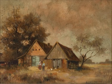 Bernd Funke German Signed 20th Century Rural Landscape Oil Painting on Panel