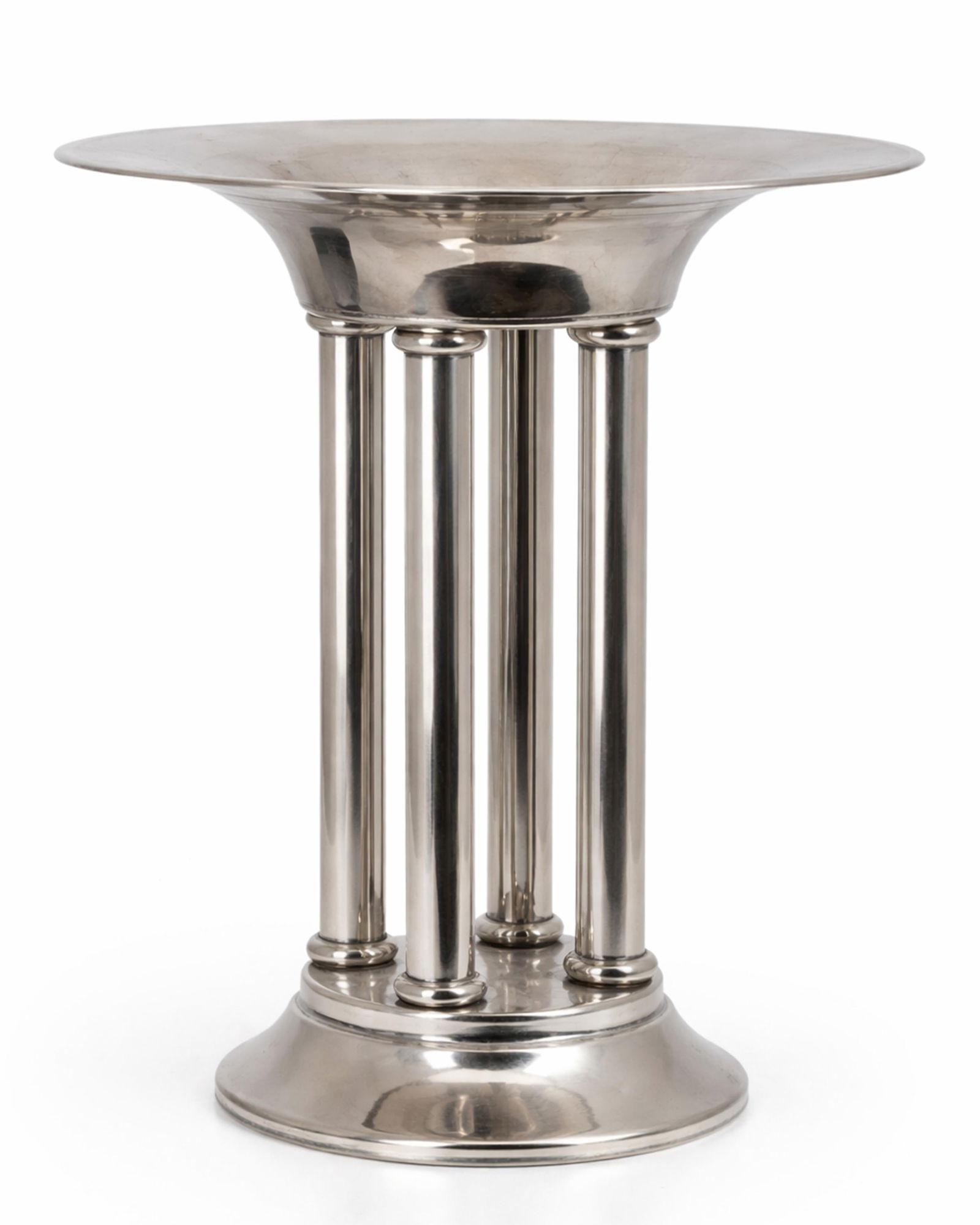 Art Deco Vienna Secession Silver-Plated Columnar Centerpiece Bowl, French: Keywords: Art Deco, Modernism, Machine Age Design, Vienna secession influence, Bauhaus Movement, Streamline Moderne, Industrial Revival, Jean Puiforcat style, Jacques Adnet style, Gilbert Rohde style,