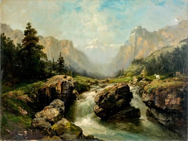 Théodore Levigne Signed Alpine Landscape Oil on Canvas Painting, Circa 1900