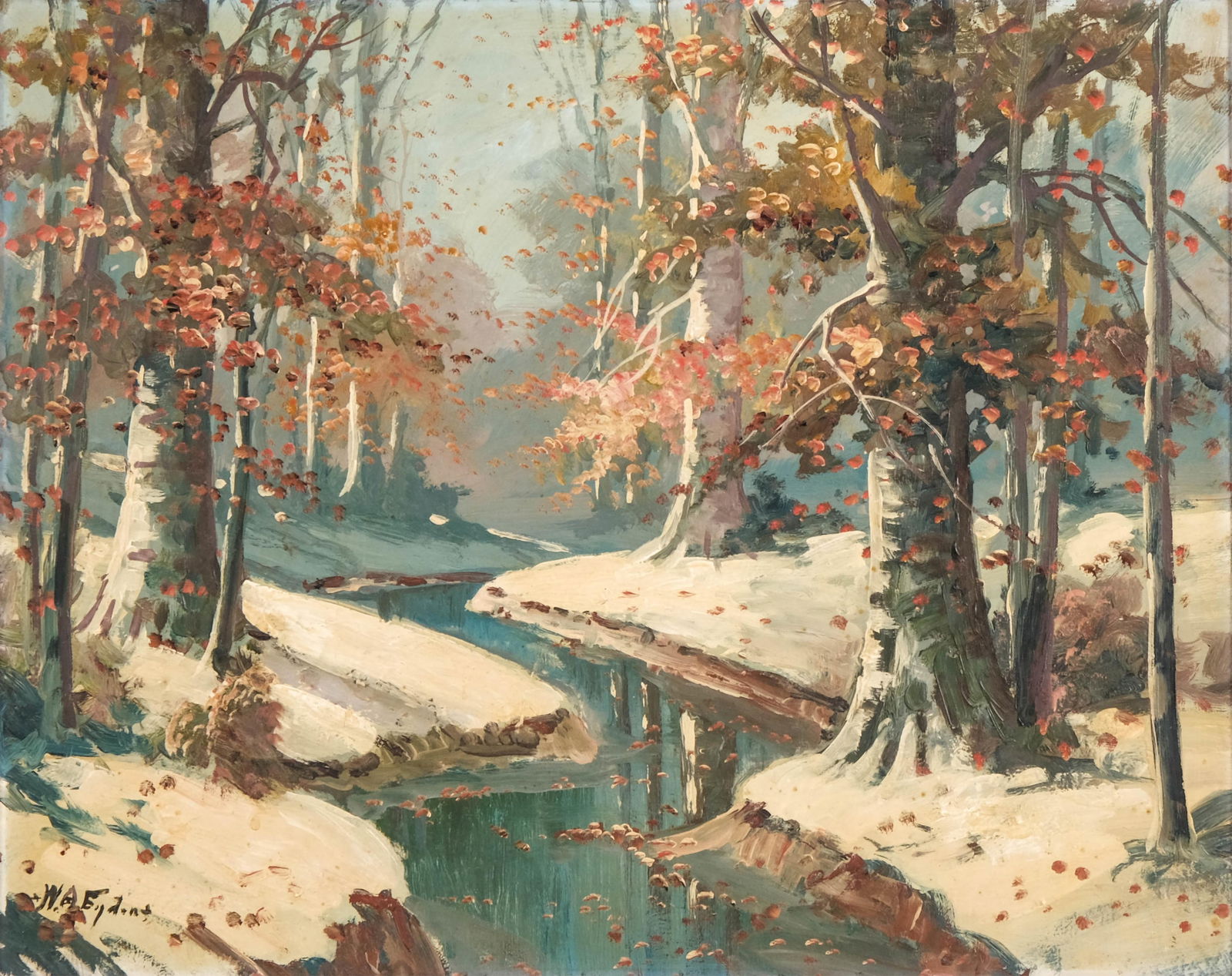 William A. Eyden Jr., Indiana Brown County, Winter Landscape Painting, Signed: Keywords: American Impressionism, Mid-20th Century Painting, Landscape Painting, Indiana School, Regional Art, Signed Artwork NO RESERVE. William Arnold Eyden Jr. (Indiana, 1893–1982) Oil on