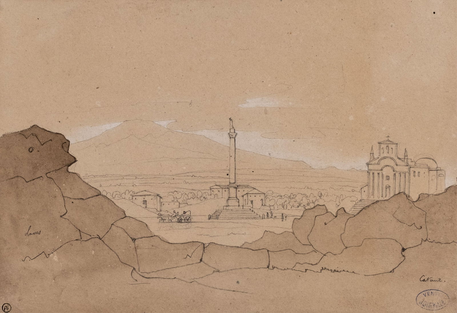 Victor Edmond Joinville Landscape Study: Keywords: French Romanticism, Grand Tour sketch, Salon school, Neoclassical landscape drawing, Romantic era influence, 19th Century European school, Academic tradition, Grand Tour art,