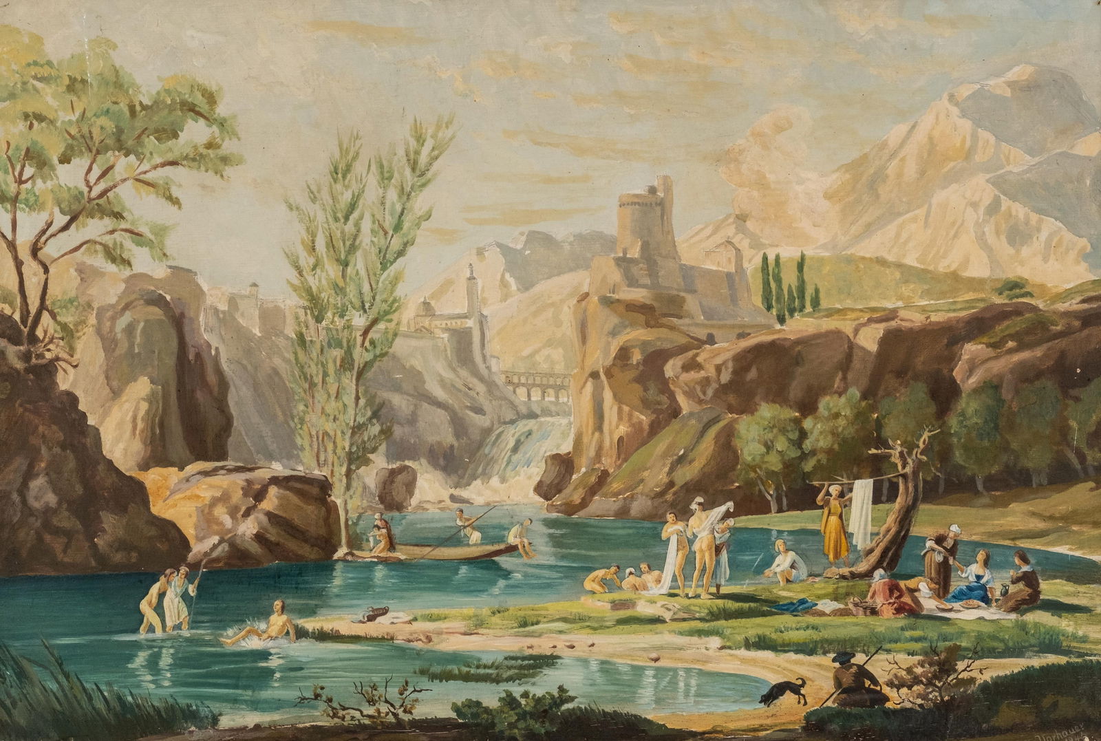 Georg Vorhauer Signed Landscape with Bathers Gouache on Panel Painting, Signed, 1946: Keywords: landscape with figures, bathers, river scene, pastoral landscape, European gouache, mid twentieth century, figurative landscape, traditional realism, continental art NO RESERVE. Georg