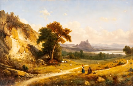 English School Circa 1840 Landscape Painting With Shepherds Near a River, Oil on Canvas