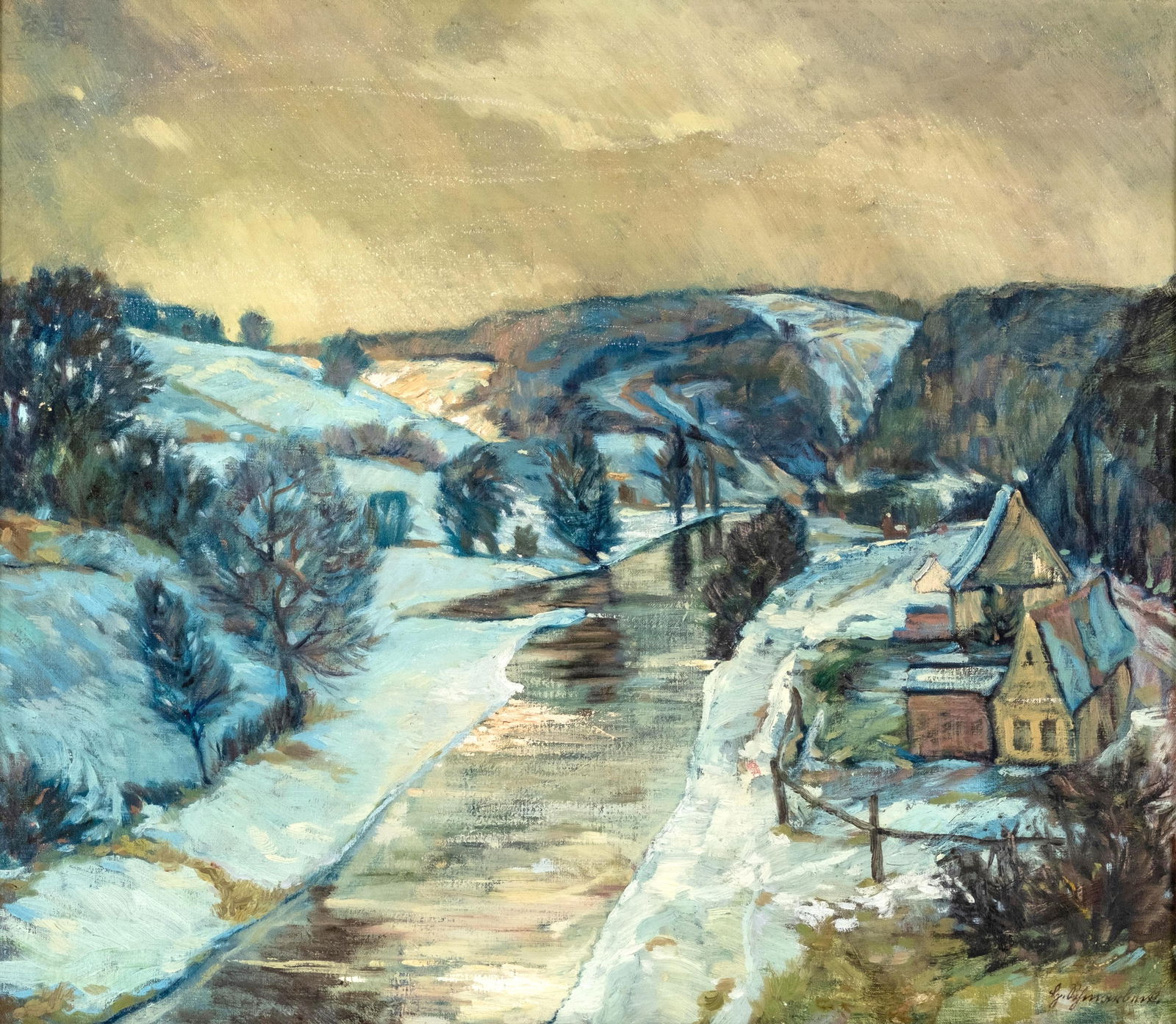 Hans Schmarbeck Signed German Circa 1920 Winter River Landscape Painting (1 of 10)