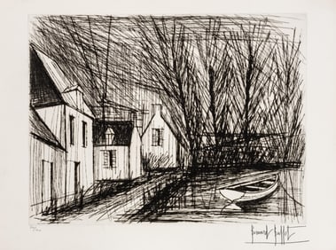 Bernard Buffet Pencil Signed Breton Houses Drypoint on Vellum, 1980