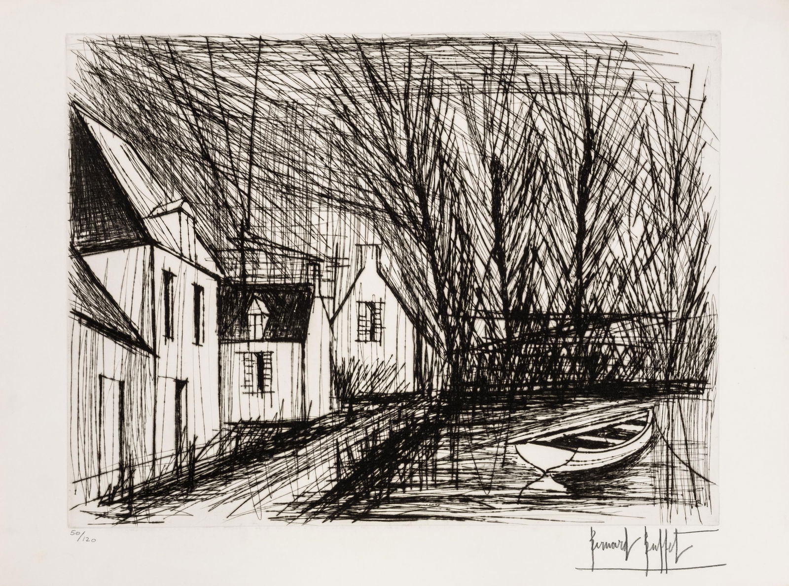 Bernard Buffet Pencil Signed Breton Houses Drypoint on Vellum, 1980 (1 of 10)