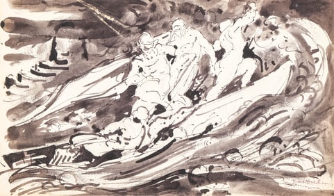 Signd illeg. Pen and Ink Wash on Paper, Early–Mid 20th Century