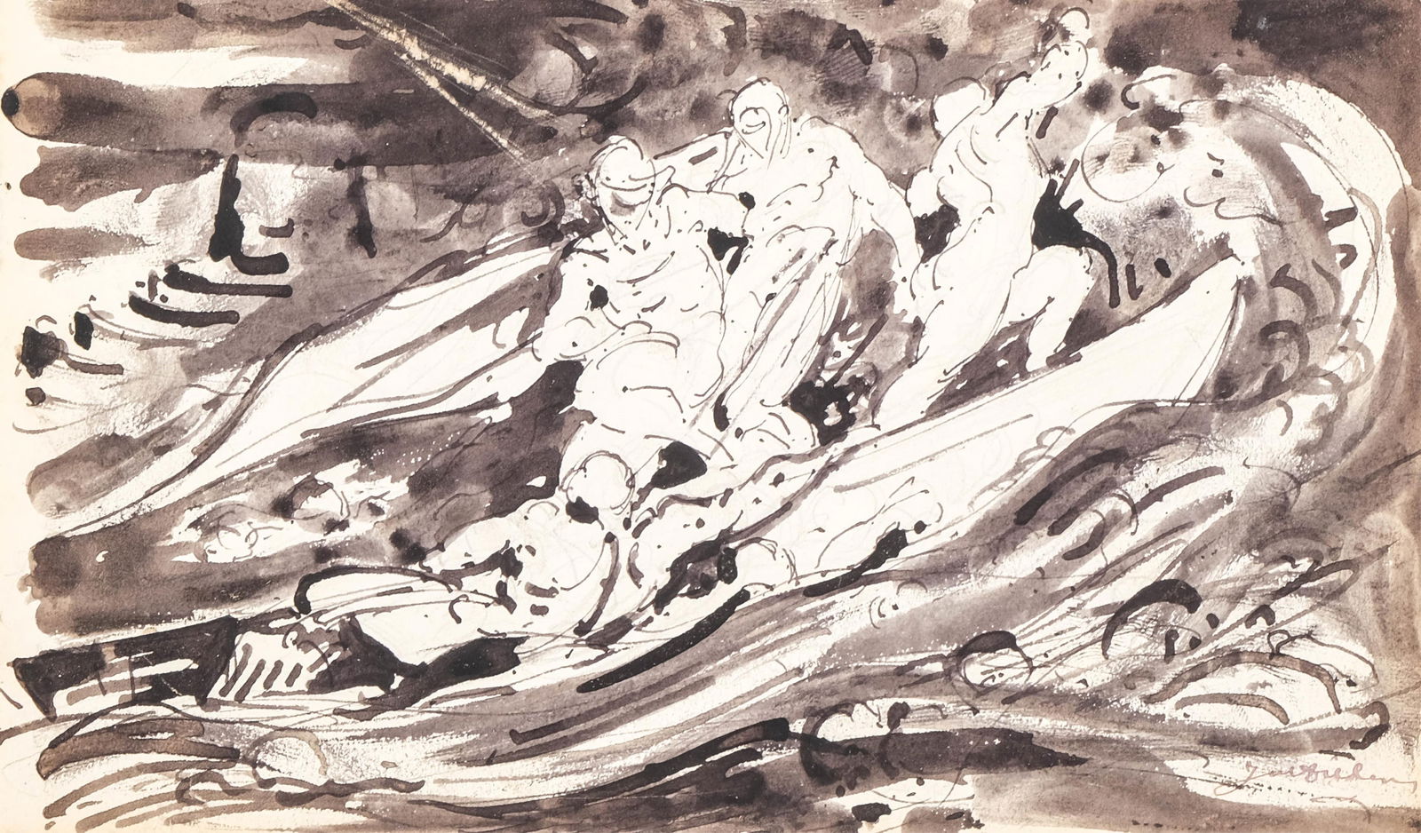 Signd illeg. Pen and Ink Wash on Paper, Early–Mid 20th Century: Keywords: marine art, storm at sea, monochrome, European school, dynamic composition, pen-and-brush drawing, nautical subject, action scene, works on paper, figurative artNO RESERVE. Abstract pen-and-