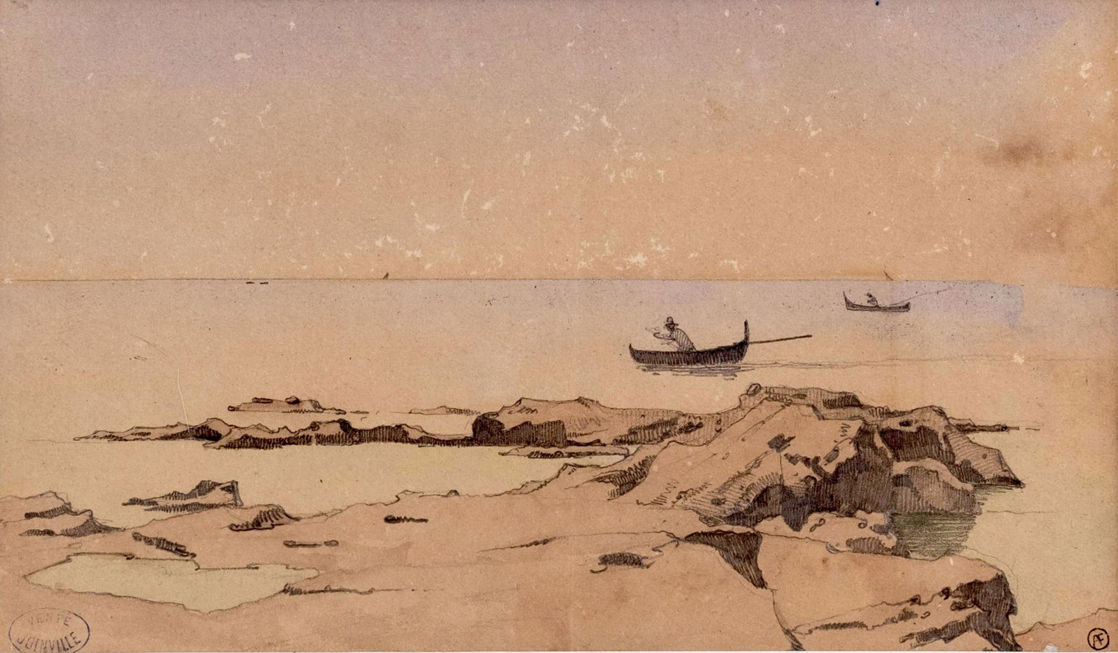 Victor Edmond JOINVILLE signed Seascape pen and ink painting with fishing boats (1 of 5)