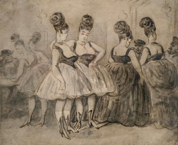 Constantin Guys, “Le Cabaret" — Ink and Wash Drawing of Parisian Grisettes, 19th c.