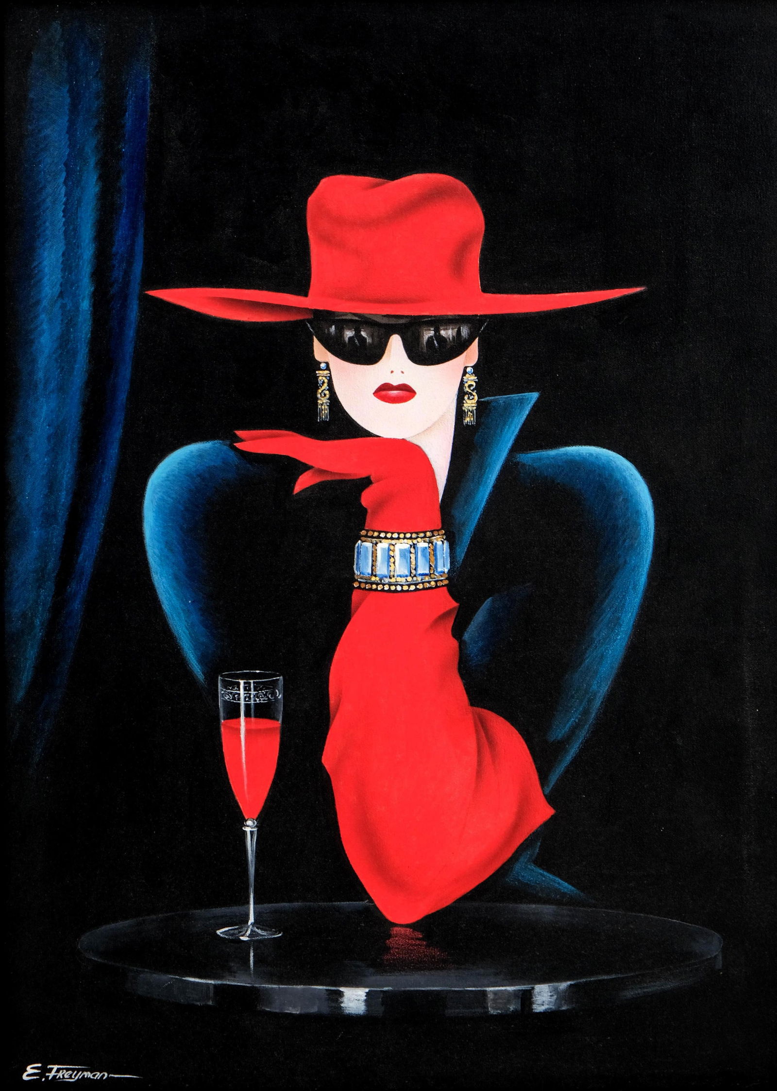 Erik Freyman, Signed, Contemporary Acrylic Painting, *Misty*, 20th Century: Keywords: Russian artist, modern figurative, woman in red, hat, Art Deco, cocktail glass, bold color, geometric style, stylized portrait, fashion motif, dramatic composition, collectible artworkErik F