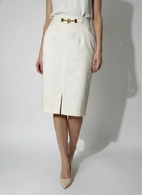 Louis Feraud, White Pencil Skirt with Gold Tone Buckle Embellishment
