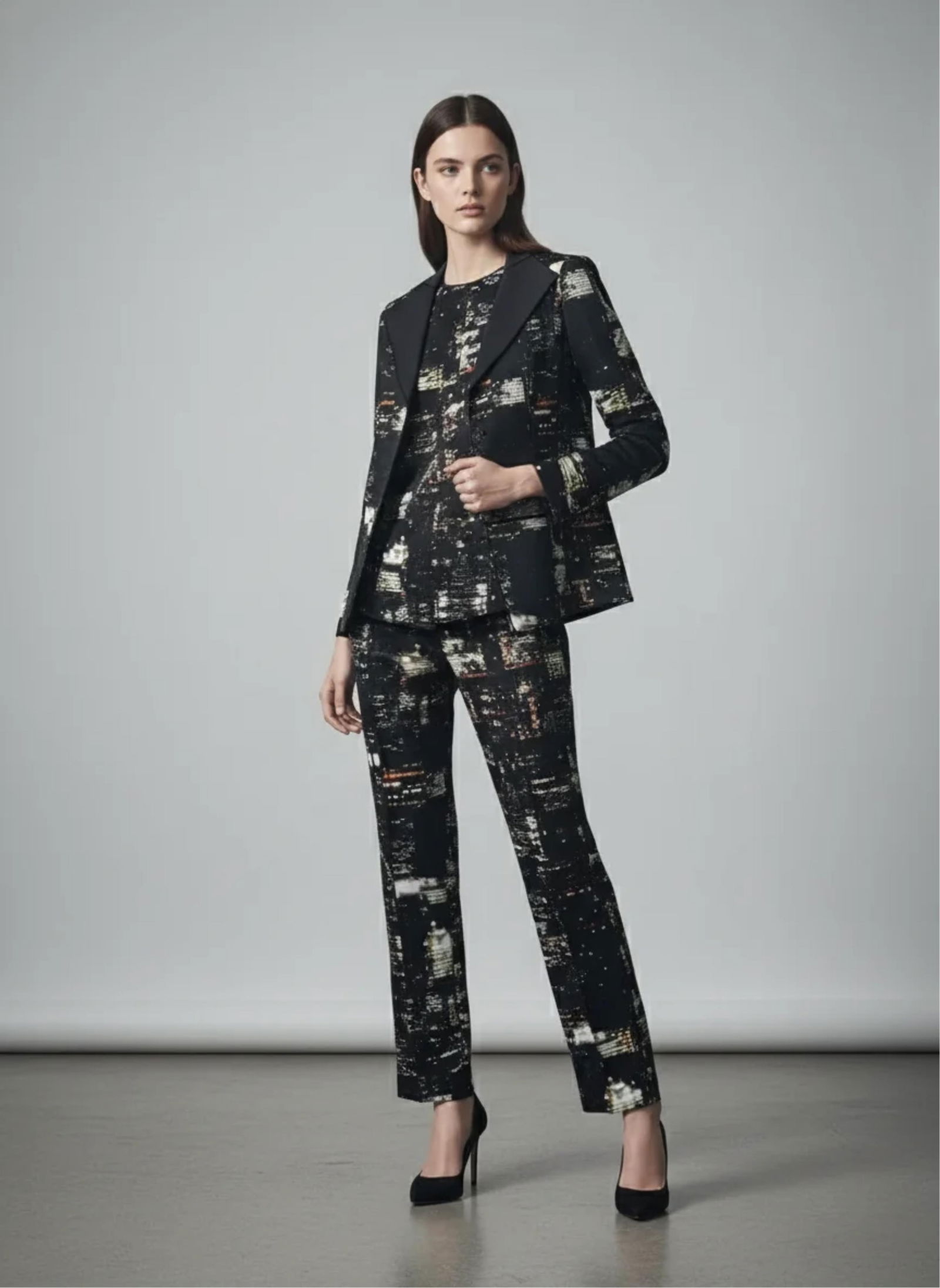 Lafayette, 148 Shirt and Jacket Ensemble (Pants not included), Iconic NYC Lights EU 40 / US 10: Keywords: Rare Fashion Auction, Pre-Owned Luxury Fashion, Postmodern Fashion, Contemporary Streetwear Influence, Modern Urban Style, slim-cut trousers styling, cityscape motif, statement ensemble, run