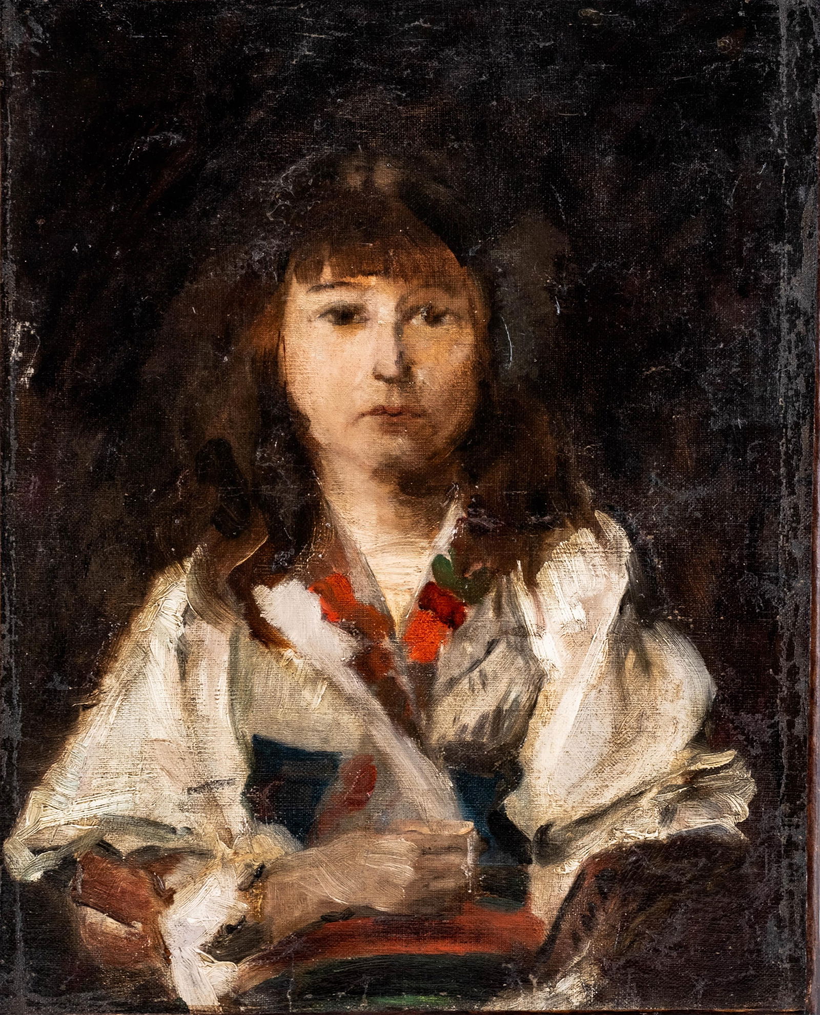 French Impressionist 19th Century, Oil on Canvas Painting (Young Girl): Keywords: studio study, academic training, continental school, French school, French art, European art, portrait, figural studyNO RESERVE Impressionist half-length portrait of a young girl rendered in