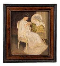 Signed Louis Gendebien Oil on Canvas Painting, Mother and Bassinet, 1906